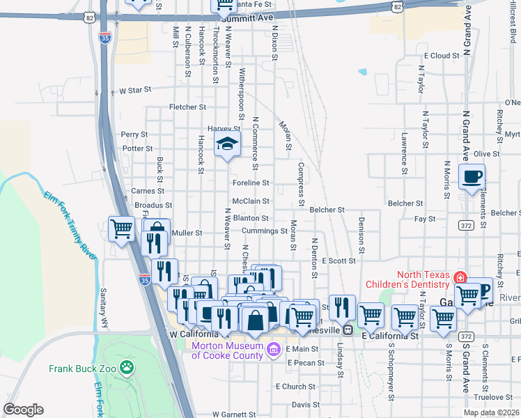 map of restaurants, bars, coffee shops, grocery stores, and more near 602 North Commerce Street in Gainesville
