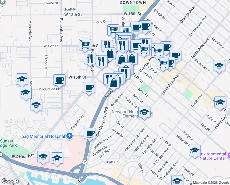 map of restaurants, bars, coffee shops, grocery stores, and more near 1534 State Route 55 in Costa Mesa