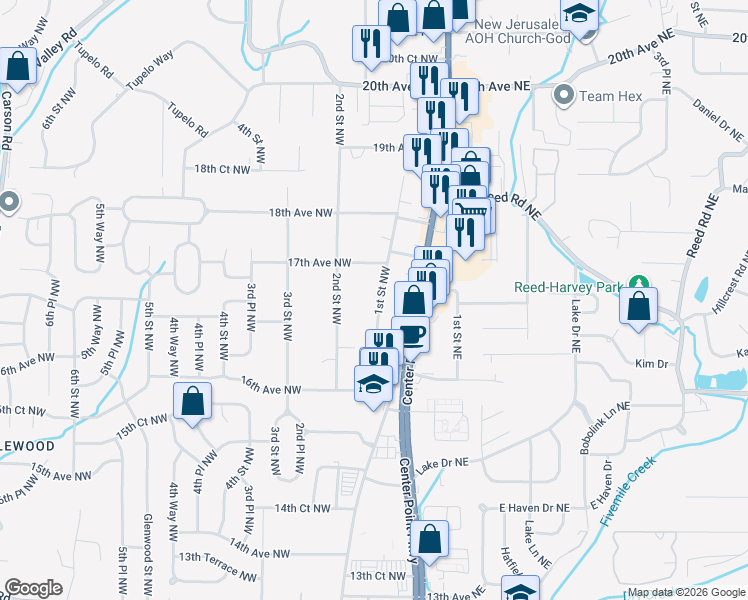 map of restaurants, bars, coffee shops, grocery stores, and more near 1633 1st Street Northwest in Center Point