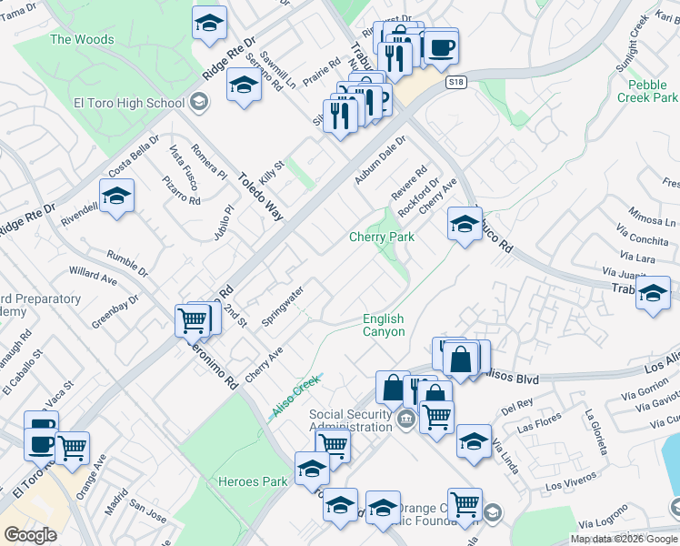 map of restaurants, bars, coffee shops, grocery stores, and more near 22942 Broadleaf in Lake Forest