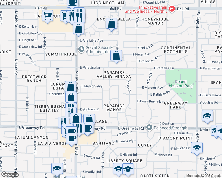 map of restaurants, bars, coffee shops, grocery stores, and more near 4941 East Monte Cristo Avenue in Scottsdale