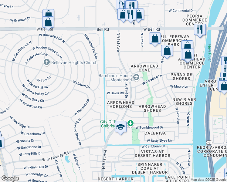 map of restaurants, bars, coffee shops, grocery stores, and more near 9224 West Paradise Lane in Peoria