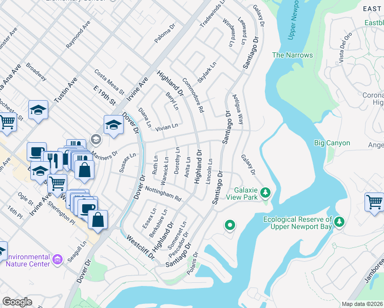 map of restaurants, bars, coffee shops, grocery stores, and more near 1306 Estelle Lane in Newport Beach