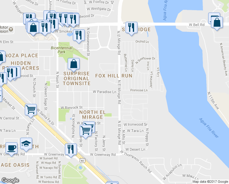 map of restaurants, bars, coffee shops, grocery stores, and more near 12369 West Paradise Lane in Surprise