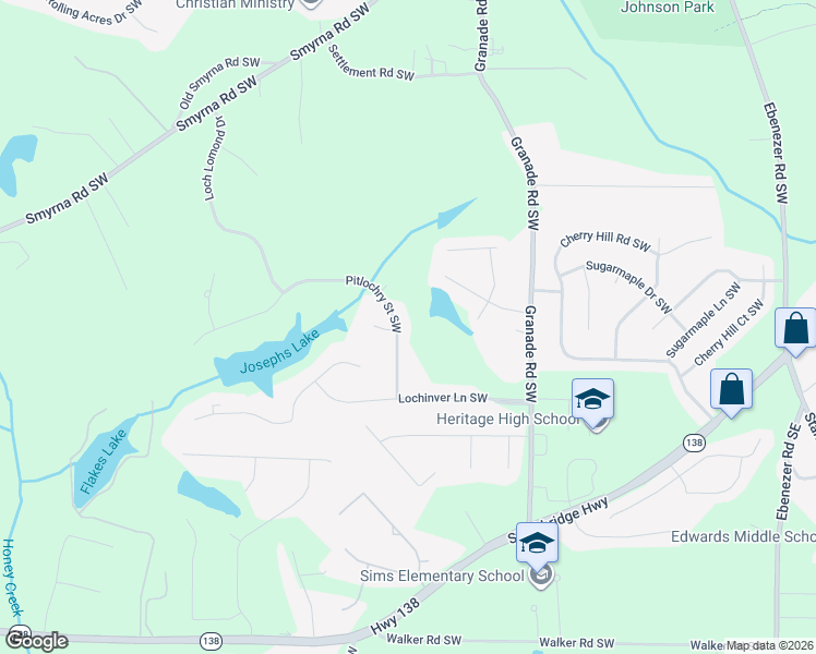 map of restaurants, bars, coffee shops, grocery stores, and more near 2711 Pitlochry Street Southwest in Conyers