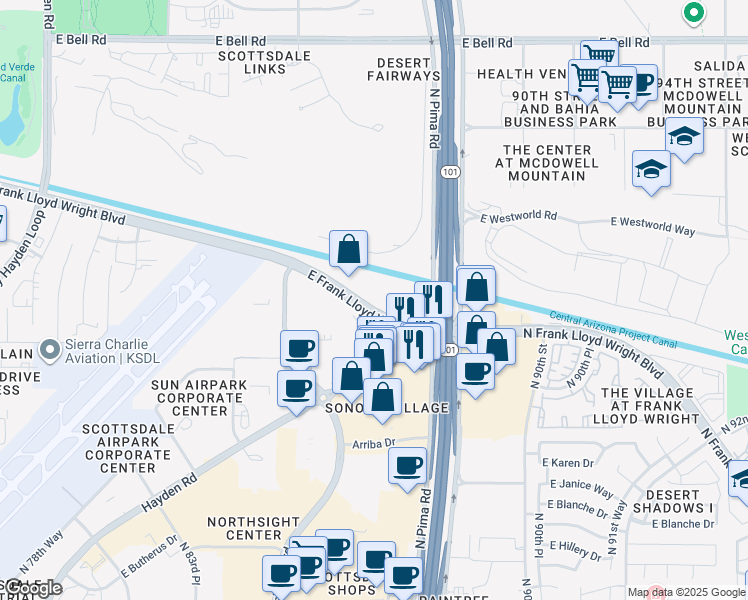 map of restaurants, bars, coffee shops, grocery stores, and more near 8650 East Frank Lloyd Wright Boulevard in Scottsdale