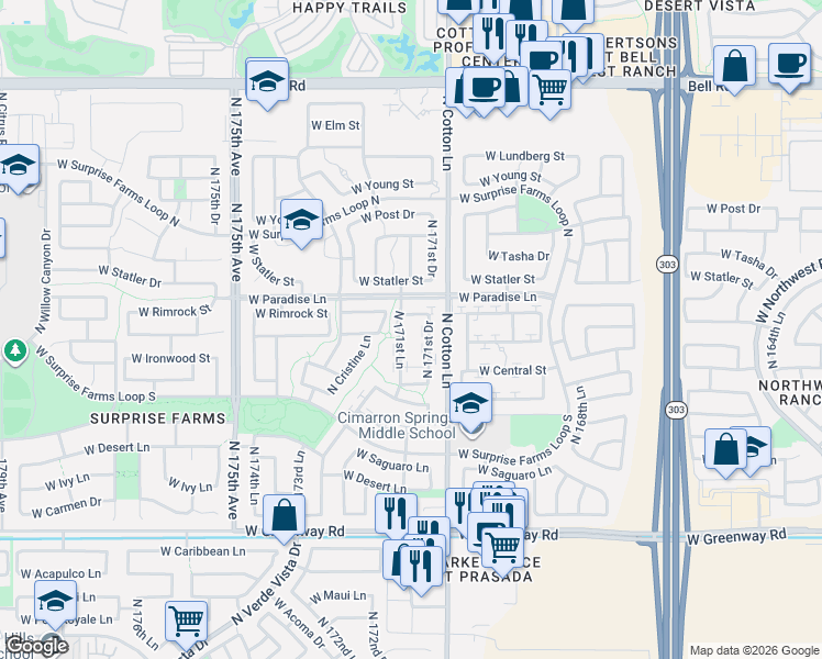 map of restaurants, bars, coffee shops, grocery stores, and more near 16145 North 171st Lane in Surprise