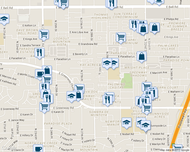 map of restaurants, bars, coffee shops, grocery stores, and more near 2814 East Marconi Avenue in Phoenix