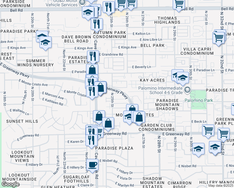 map of restaurants, bars, coffee shops, grocery stores, and more near 15825 North 25th Street in Phoenix