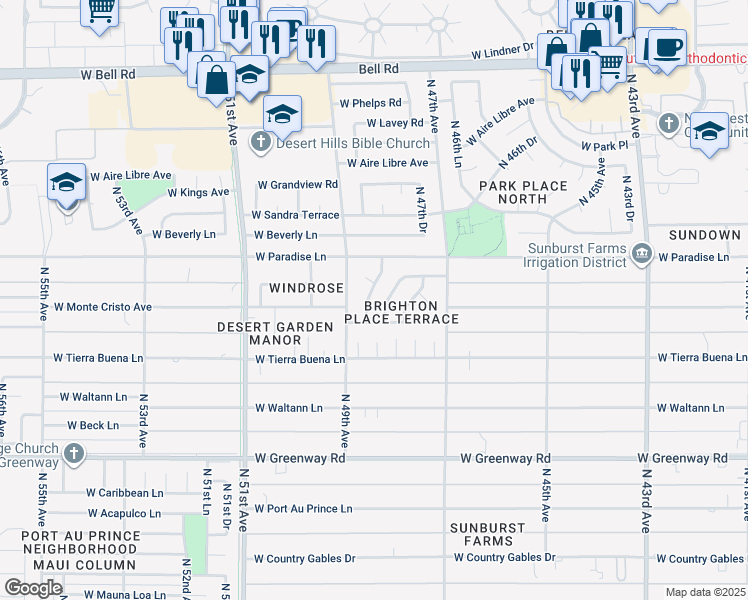 map of restaurants, bars, coffee shops, grocery stores, and more near 16039 North 48th Drive in Glendale