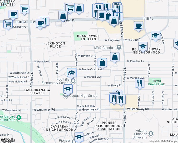 map of restaurants, bars, coffee shops, grocery stores, and more near 6136 West Monte Cristo Avenue in Glendale