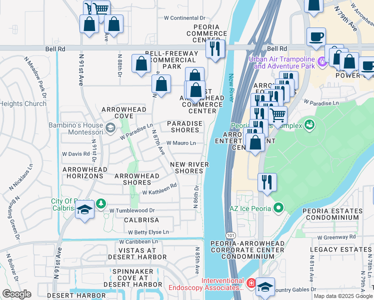 map of restaurants, bars, coffee shops, grocery stores, and more near 8642 West Mauro Lane in Peoria