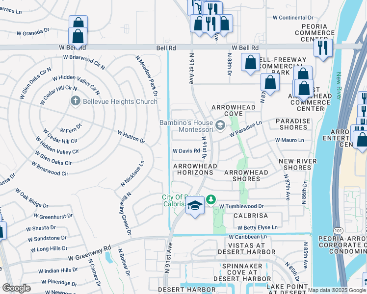 map of restaurants, bars, coffee shops, grocery stores, and more near 9224 West Paradise Lane in Peoria