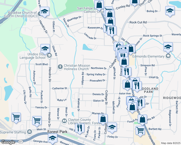 map of restaurants, bars, coffee shops, grocery stores, and more near 810 Northview Drive in Forest Park