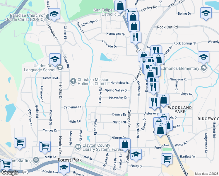 map of restaurants, bars, coffee shops, grocery stores, and more near 810 Northview Drive in Forest Park