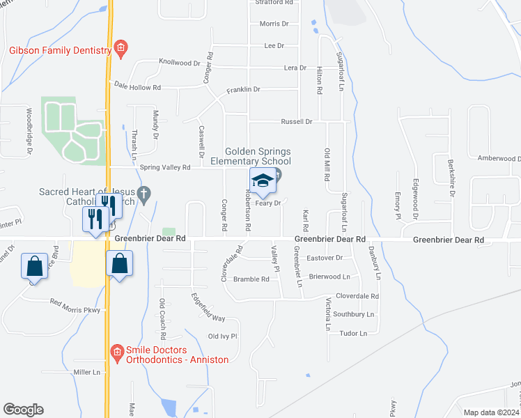 map of restaurants, bars, coffee shops, grocery stores, and more near 3904 Feary Drive in Anniston