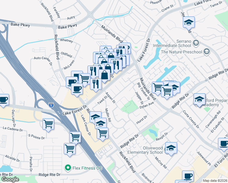 map of restaurants, bars, coffee shops, grocery stores, and more near 22832 Larkin Street in Lake Forest