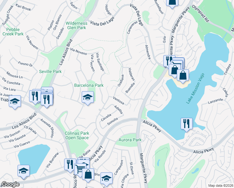map of restaurants, bars, coffee shops, grocery stores, and more near 22802 Orellana in Mission Viejo