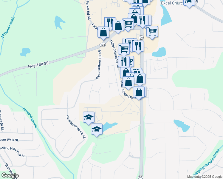 map of restaurants, bars, coffee shops, grocery stores, and more near 2093 Boxwood Circle in Conyers