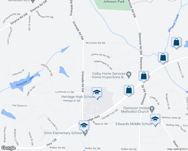 map of restaurants, bars, coffee shops, grocery stores, and more near 1517 Sugarplum Place Southwest in Conyers