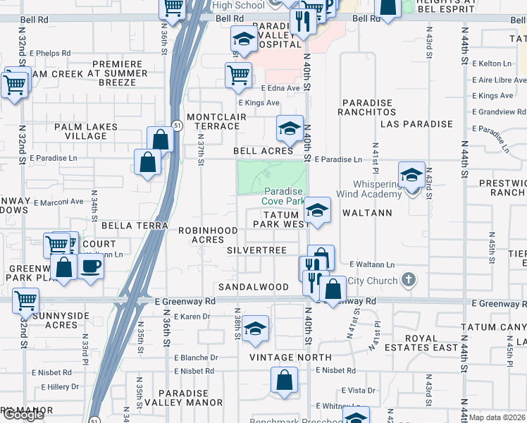 map of restaurants, bars, coffee shops, grocery stores, and more near 3823 East Marconi Avenue in Phoenix