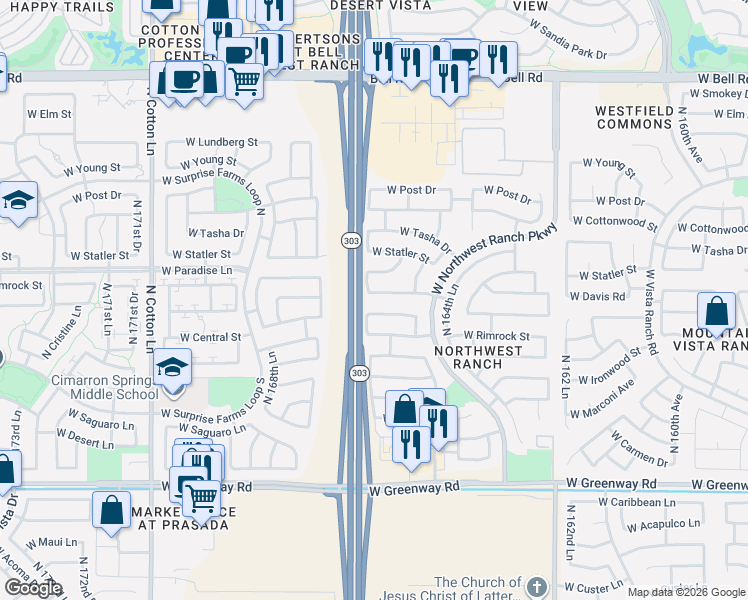 map of restaurants, bars, coffee shops, grocery stores, and more near 16677 West Sandra Lane in Surprise