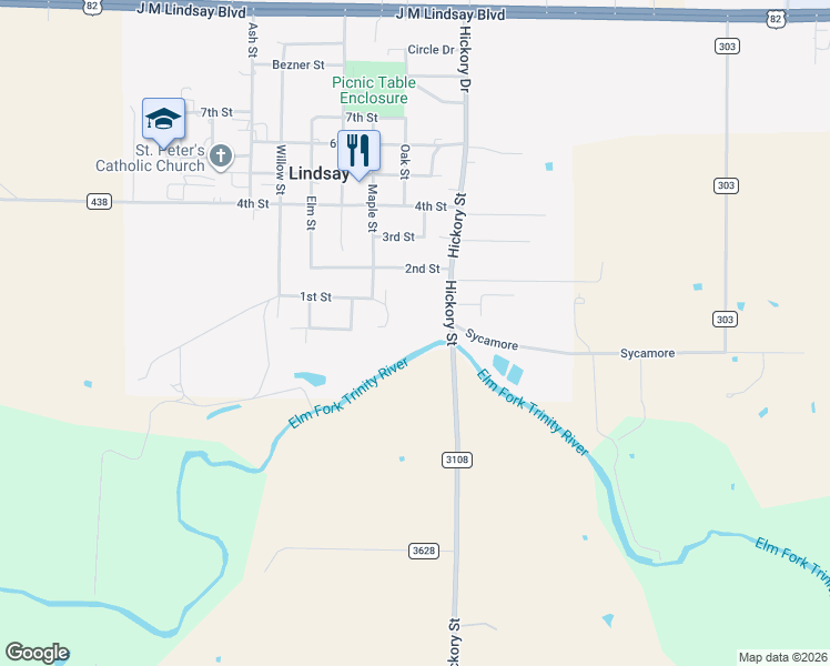 map of restaurants, bars, coffee shops, grocery stores, and more near 204 Hillside in Lindsay