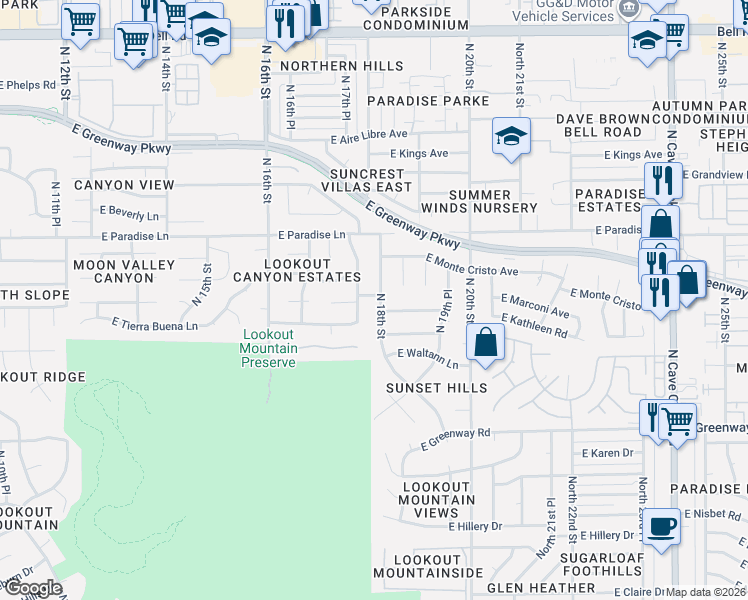 map of restaurants, bars, coffee shops, grocery stores, and more near 15867 North 17th Way in Phoenix