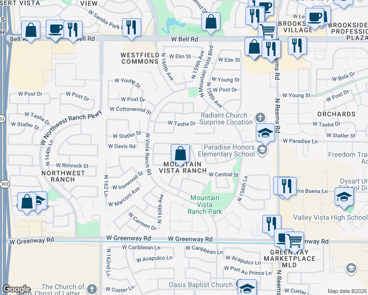 map of restaurants, bars, coffee shops, grocery stores, and more near 15908 West Paradise Lane in Surprise