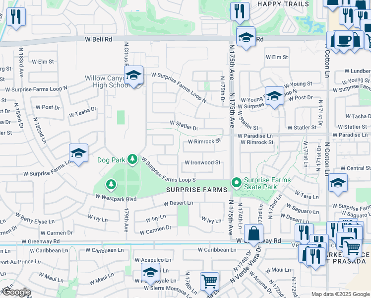 map of restaurants, bars, coffee shops, grocery stores, and more near 17642 West Rimrock Street in Surprise