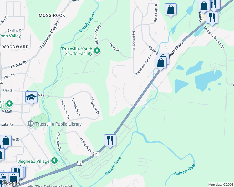 map of restaurants, bars, coffee shops, grocery stores, and more near 4241 Waterford Lane in Trussville