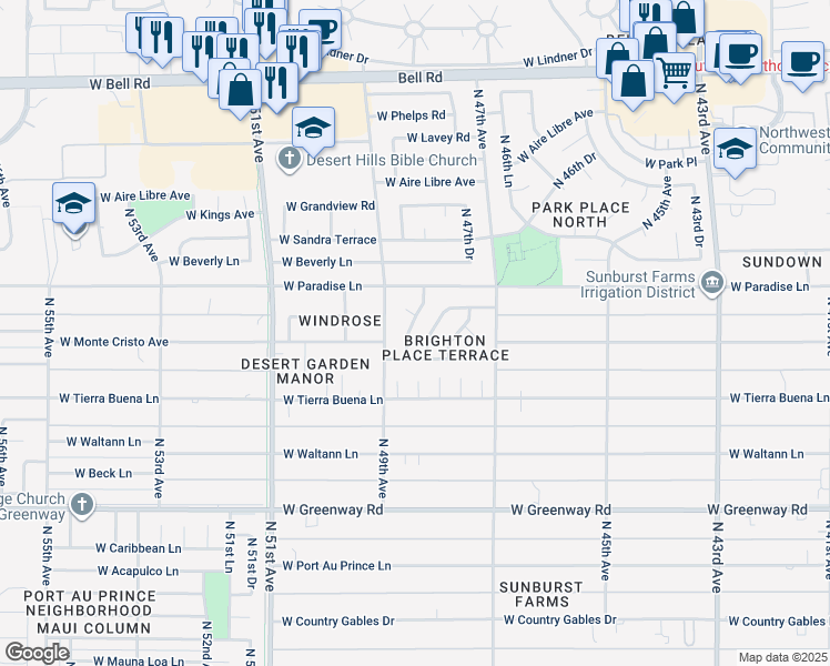 map of restaurants, bars, coffee shops, grocery stores, and more near 16039 North 48th Drive in Glendale