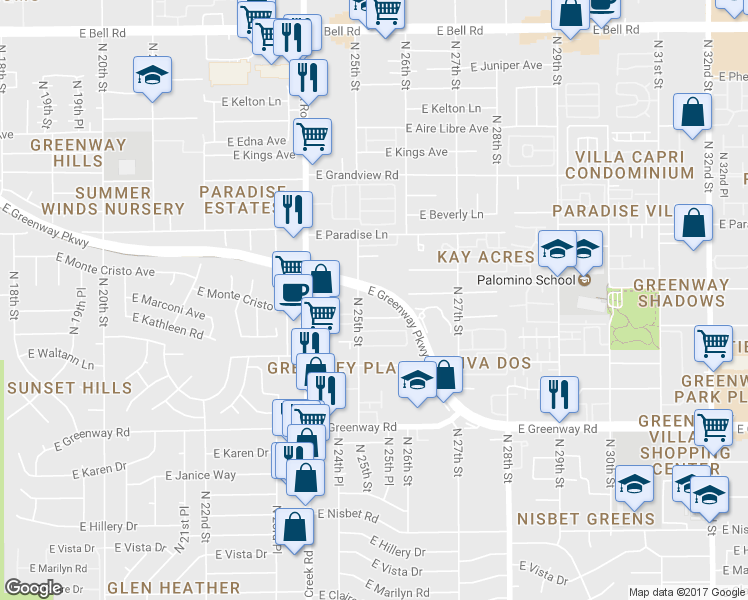 map of restaurants, bars, coffee shops, grocery stores, and more near 15825 North 25th Street in Phoenix