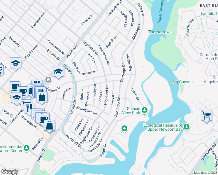 map of restaurants, bars, coffee shops, grocery stores, and more near 1700 Highland Drive in Newport Beach
