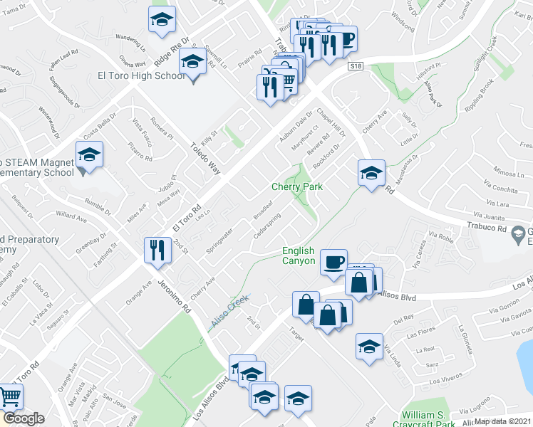 map of restaurants, bars, coffee shops, grocery stores, and more near 22896 Broadleaf in Lake Forest