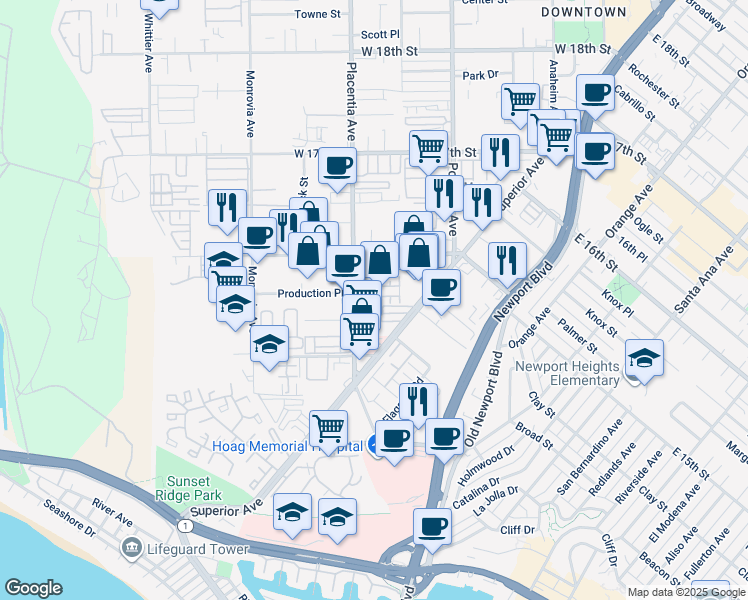 map of restaurants, bars, coffee shops, grocery stores, and more near 29 Ebb Tide Circle in Newport Beach