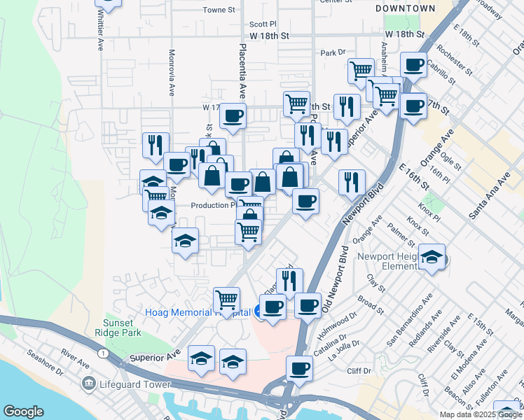 map of restaurants, bars, coffee shops, grocery stores, and more near 2 Ebb Tide Circle in Newport Beach