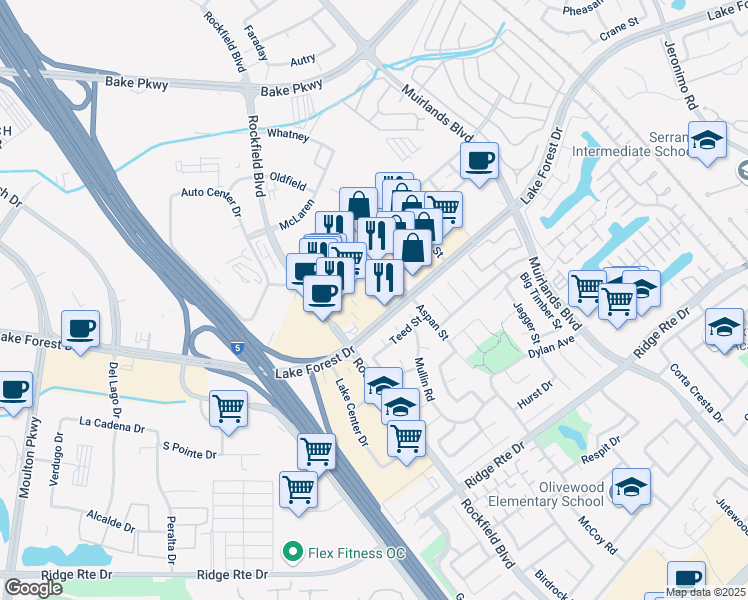 map of restaurants, bars, coffee shops, grocery stores, and more near 22765 Aspan Street in Lake Forest