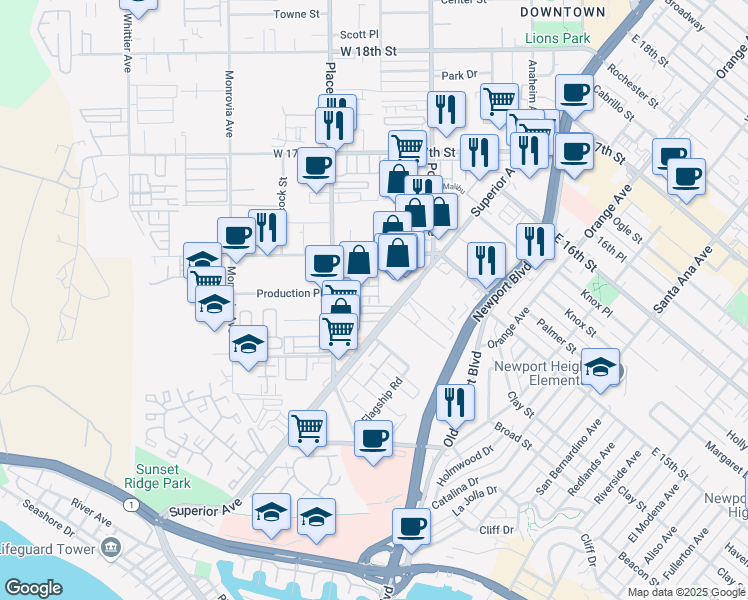 map of restaurants, bars, coffee shops, grocery stores, and more near 81 Ebb Tide Circle in Newport Beach