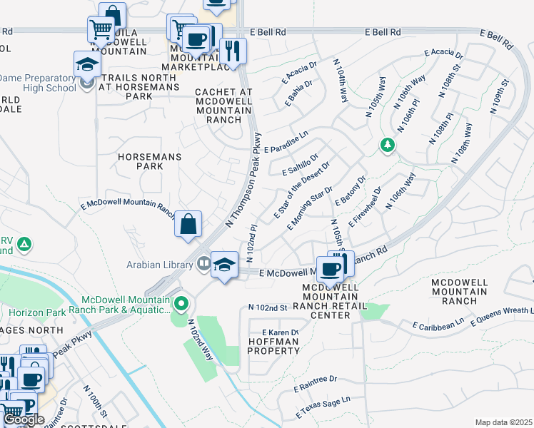 map of restaurants, bars, coffee shops, grocery stores, and more near 10232 East FireWheel Drive in Scottsdale