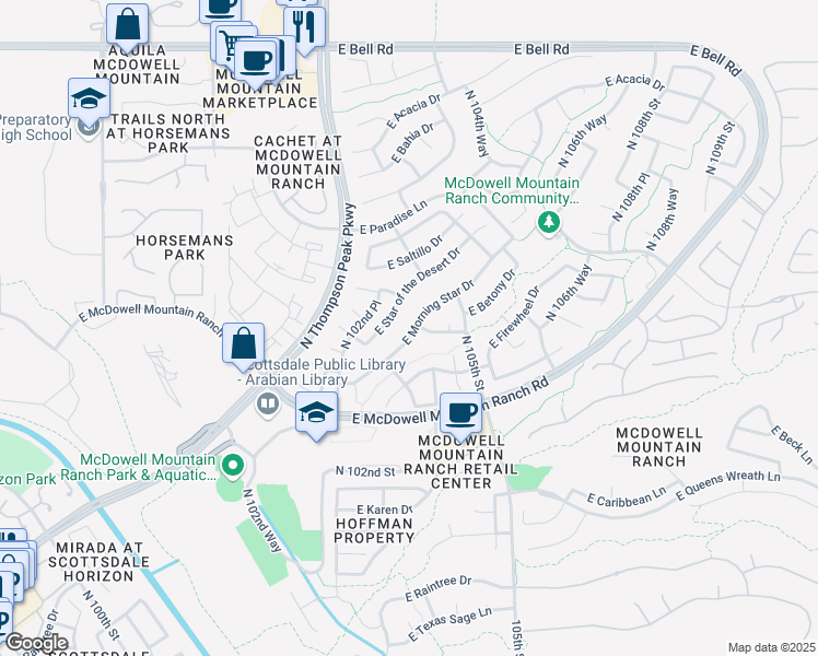 map of restaurants, bars, coffee shops, grocery stores, and more near 10361 East Star of the Desert Drive in Scottsdale