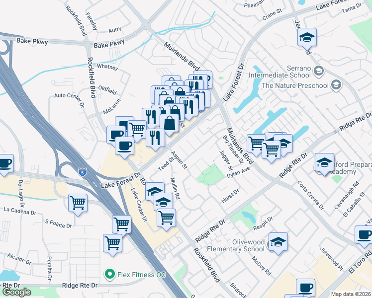 map of restaurants, bars, coffee shops, grocery stores, and more near 22832 Larkin Street in Lake Forest
