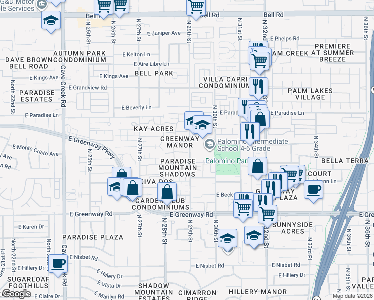 map of restaurants, bars, coffee shops, grocery stores, and more near 2844 East Marconi Avenue in Phoenix
