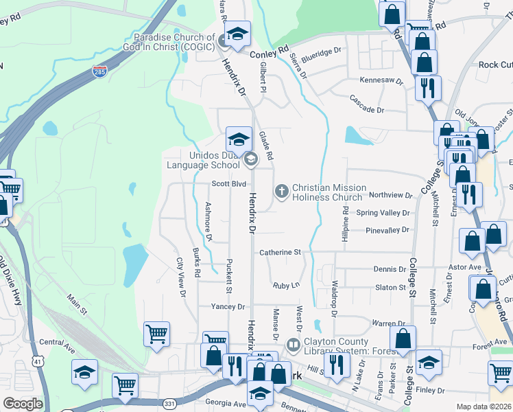 map of restaurants, bars, coffee shops, grocery stores, and more near 4531 Hendrix Drive in Forest Park