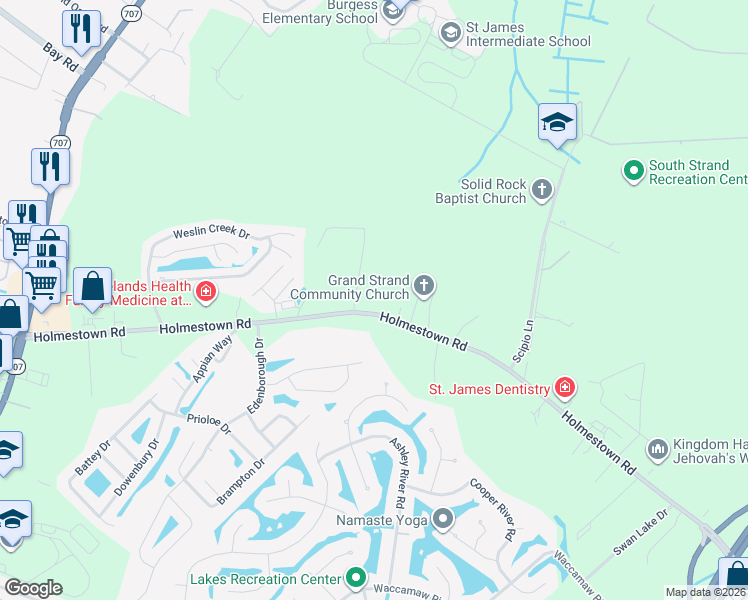 map of restaurants, bars, coffee shops, grocery stores, and more near 3856 Holmestown Road in Myrtle Beach