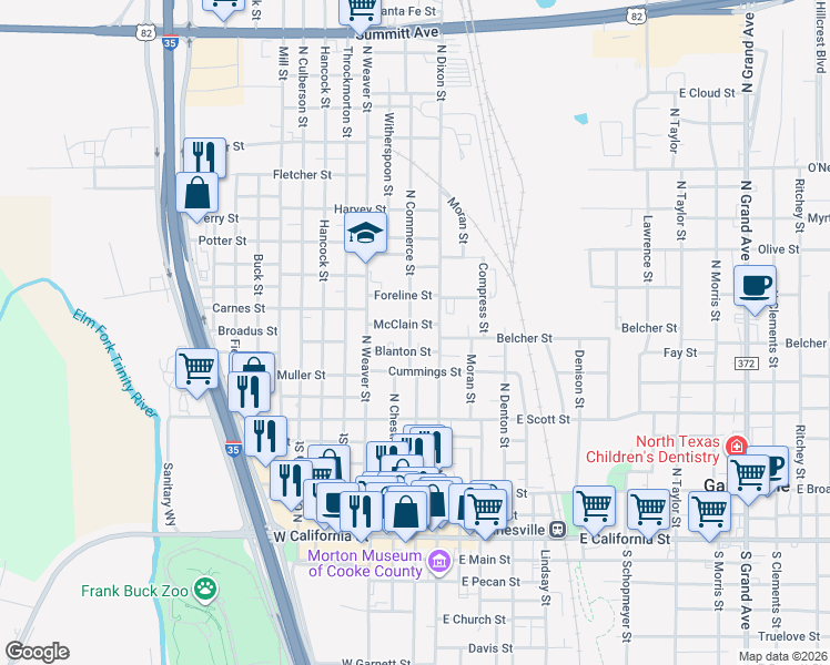 map of restaurants, bars, coffee shops, grocery stores, and more near 810 North Commerce Street in Gainesville