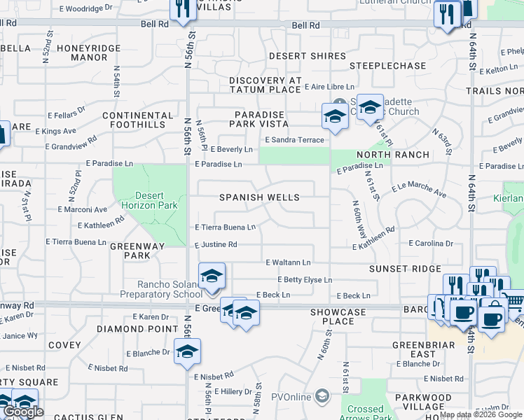 map of restaurants, bars, coffee shops, grocery stores, and more near 16001 North 58th Place in Scottsdale
