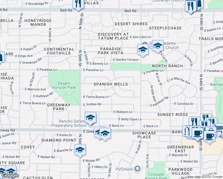 map of restaurants, bars, coffee shops, grocery stores, and more near 16001 North 58th Place in Scottsdale