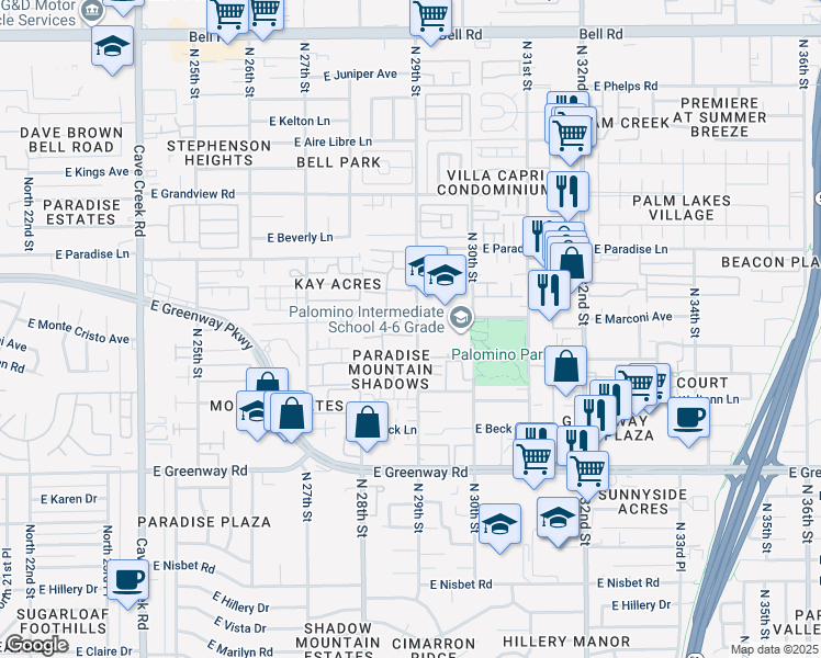 map of restaurants, bars, coffee shops, grocery stores, and more near 2844 East Marconi Avenue in Phoenix