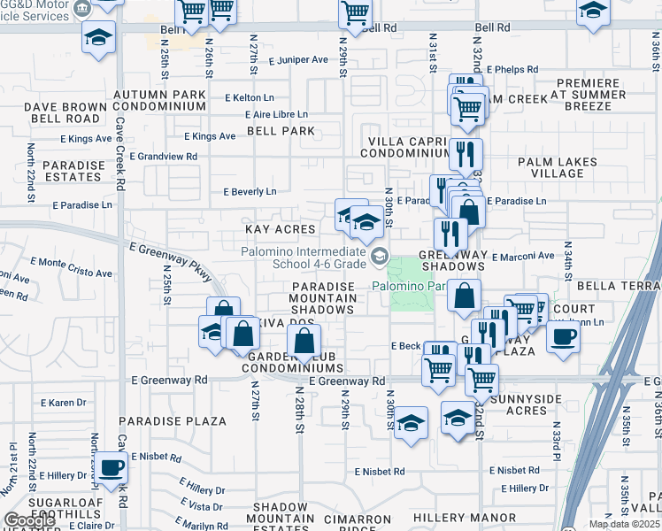 map of restaurants, bars, coffee shops, grocery stores, and more near 2844 East Marconi Avenue in Phoenix